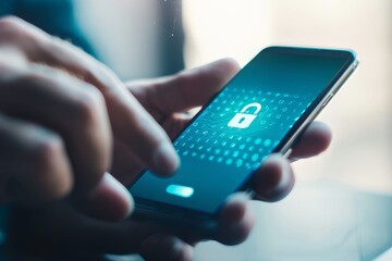 Fototapete - Hand holding a smartphone with a lock icon on the screen, symbolizing mobile security, data protection, and digital privacy in a connected world.