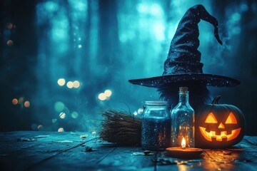 Spooky Halloween scene with pumpkin, witch's hat, and glowing candles in misty forest