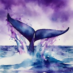 Wall Mural - Whale tail emerging from watercolor waves with shades of blue and purple