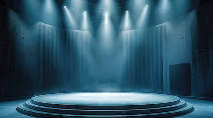 Aufkleber - A circular empty stage, centrally elevated, with six spotlights shining down on the stage, an open space, lighting. Generative AI.