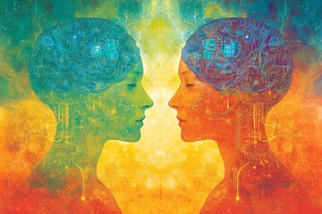 Wall Mural - Colorful abstract profiles of two human faces connected by neural circuits symbolizing the cognitive interaction between creativity and logic in an AI driven world