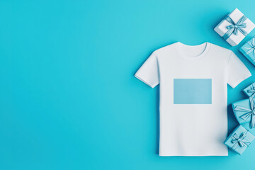 A minimalist white t-shirt featuring a light blue design, perfect for casual wear or as a gift beside wrapped presents.