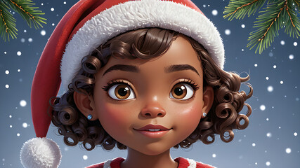 Wall Mural - Close up portrait of a happy African American teenage girl with a Christmas tree in the background on Christmas Eve. Black girl with afro curls hairstyle