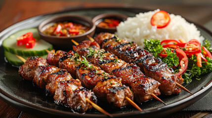 Wall Mural - A plate of meat skewers with a side of vegetables. The skewers are grilled and have a spicy flavor. The vegetables include cucumbers and onions. The plate is set on a wooden table