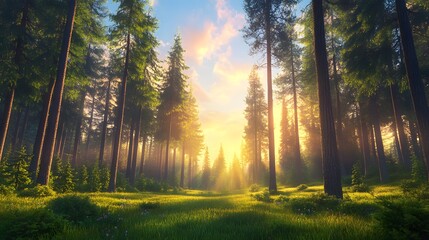 A serene forest scene showcasing tall trees and a golden sunrise illuminating a lush green meadow.