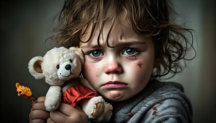 Sticker - Emotional child expressing frustration while clutching a toy tightly