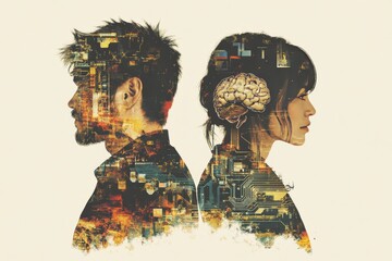 Wall Mural - Abstract profiles of a man and woman with visible circuitry and brain elements symbolizing the balance between creativity and logic in AI enhanced human cognition