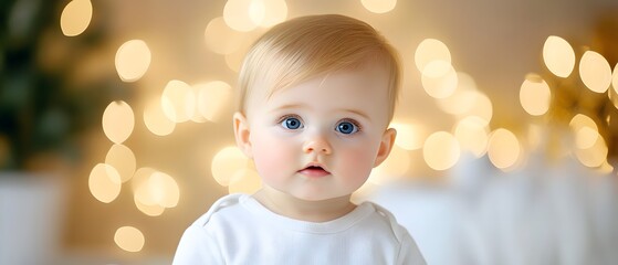 adorable baby with bright blue eyes and soft blonde hair, surrounded by a warm, glowing background f