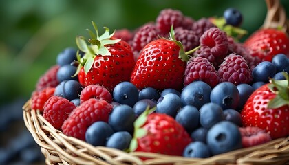 Wall Mural - Vibrant assortment of fresh strawberries, blueberries, and raspberries in a rustic basket