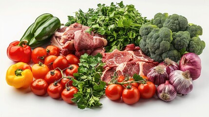 A variety of fresh vegetables and raw meat on a white background. Generative AI.