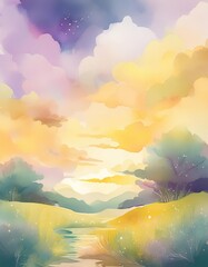 Sticker - Watercolor cloudscape with a stream