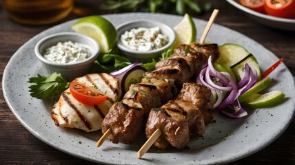 Tasty Delicious grilled skewer Souvlaki meat meal with tzatziki