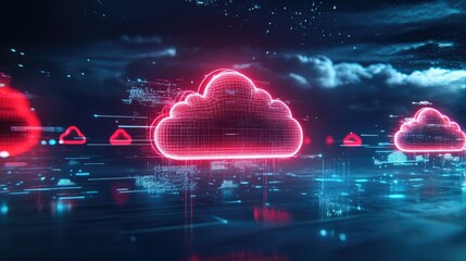 Cloud computing concept with a blend of 2D and 3D cloud symbols, showing interconnectedness across multiple cloud platforms