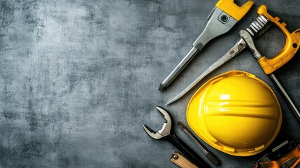 Construction tools and a bright yellow helmet arranged on a sleek grey background, symbolizing the celebration of labor and craftsmanship.