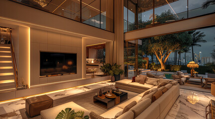 Poster - A large living room with high ceilings, double height space, massive TV on the wall, large sofa, floor to ceiling windows overlooking garden at night, warm lighting. Generative AI.