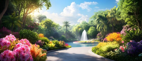 Wall Mural - A serene garden with vibrant flowers and a tranquil fountain under a clear blue sky. Perfect for relaxation and nature lovers.