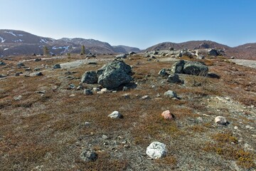 Landscape view along the Grense Jakobselv road in sunny spring weather, Norway.