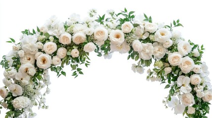 Elegant wedding arch with white flowers, arranged beautifully for a ceremony, isolated on a white background.