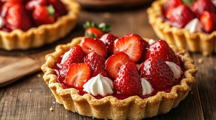 Wall Mural - Fresh strawberry shortcake pies on a wooden table, showcasing a natural dessert perfect for a summer celebration.