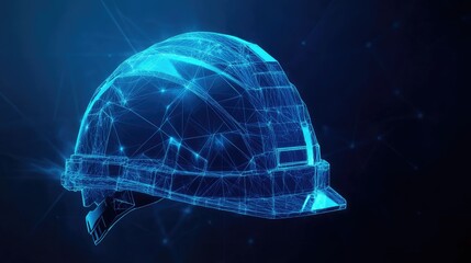 Glowing blue low-poly construction helmet, symbolizing futuristic safety standards on a deep blue background