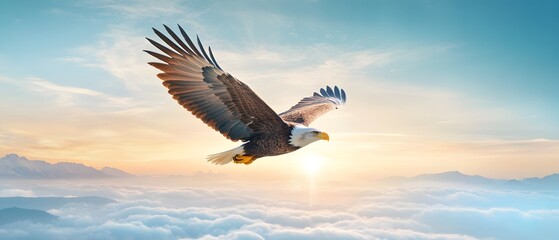 A majestic eagle soaring through the vibrant sky at sunset, symbolizing freedom and strength in nature's beauty.