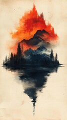 Wall Mural - Abstract landscape with mountains, forest, and a fiery sky reflection.