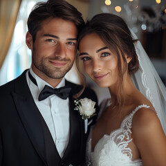 Portrait of European couple at their wedding, in wedding hall, wearing black wedding suits and white dress. Generative AI.