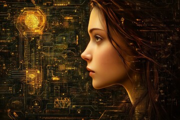 Canvas Print - Portrait of a woman with circuitry and neural networks overlaid on her face symbolizing the interaction of human cognition and artificial intelligence in a tech driven world