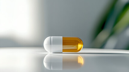 Single Zonisamide capsule on white surface, reflecting light.