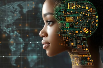 Sticker - Profile of a young woman with digital circuitry overlay on her head symbolizing the convergence of human intelligence and artificial neural systems in a tech driven society