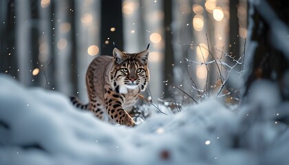 Wall Mural - Stealthy Bobcat Hunting in a Snow-Covered Forest with Bokeh Background