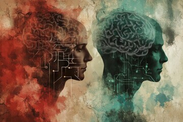 Wall Mural - Double exposure of two human heads with digital brain overlays symbolizing the fusion of human cognition and artificial intelligence in a tech driven future