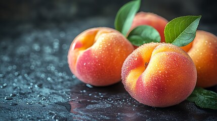 Three ripe peaches with water drops on a dark background.