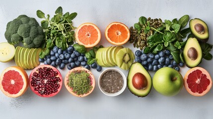 Poster - A diverse array of healthy foods arranged on a light gray concrete background. Fresh fruits, halved grapefruit, green apple, avocado, blueberries, pomegranate seeds Vegetables. Generative AI.