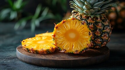 Close up of a ripe pineapple sliced on a wooden cutting board.