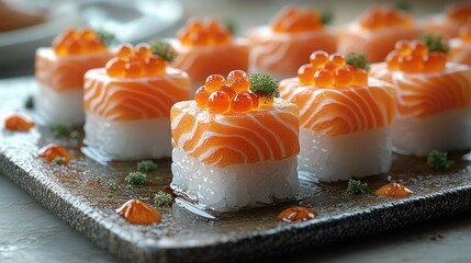 Delicious sushi featuring salmon and roe on a decorative plate.