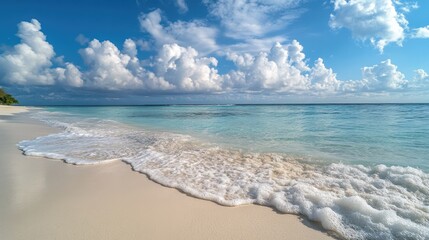 Poster - Beautiful beach with smooth white sand and gentle turquoise waves on a sunny day, framed by white clouds in the clear blue sky.