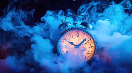 A vintage alarm clock encased in intense blue flames with delicate pastel clouds of smoke swirling, combining surreal fire with dreamlike softness.