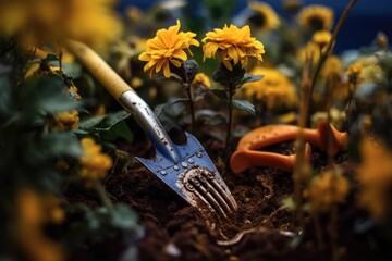 Flowers and garden tools in the garden