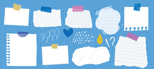 Wall Mural - Torn paper notes, doodle memo taped on blue board with scotch, Binder page, collage elements, scrapbook journal empty frames on blue background