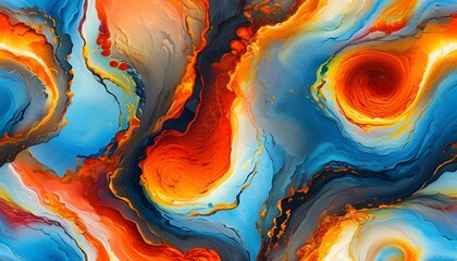 Wall Mural - Warm autumnal fluid swirls in vibrant colors evoking lava and magma, creating an ideal abstract pattern for cozy decor, seasonal packaging, and fashion textiles