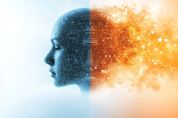 Wall Mural - Artistic portrayal of a human head split into blue and orange halves symbolizing the fusion of human cognition and artificial intelligence in neural augmentation