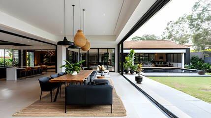 Modern Interior Design with a Rustic Wooden Table, Black Chairs and a Large Window Looking Out to a Backyard with a Swimming Pool and Lush Greenery