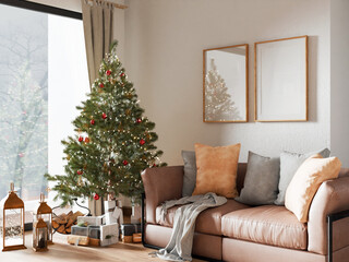 christmas interior frame, living room poster empty in home design new year, element mockup annual ho