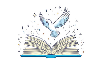 the biblical story of a white dove hovering over an open book, symbolizing peace, knowledge and freedom in a minimalistic design.
