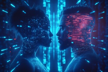 Wall Mural - Futuristic digital profiles of a man and woman facing each other with glowing circuits symbolizing the connection between human cognition and artificial intelligence