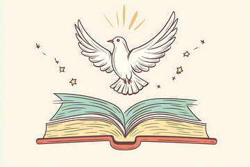 Wall Mural - the biblical story of a white dove hovering over an open book, symbolizing peace, knowledge and freedom in a minimalistic design.
