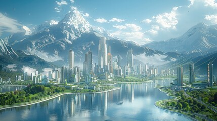 Future technology cities, with appropriate spacing between buildings, moderately green urban roads, smart buildings, unmanned streets, distant rail transit, mountains and water. Generative AI.