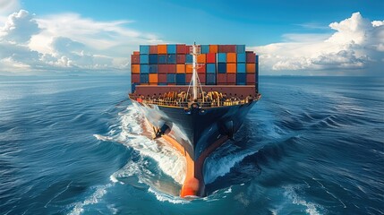 A large container ship with many colorful containers on the deck is sailing in open water, a clear blue sky above it. Generative AI.