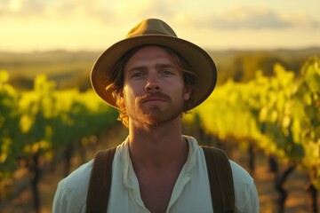 Wall Mural - A man wearing a straw hat and a white shirt stands in a field of grape vines. He has a beard and a mustache